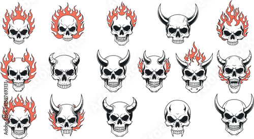 Skull devil vector art illustration set with fire and horns for tattoo designs