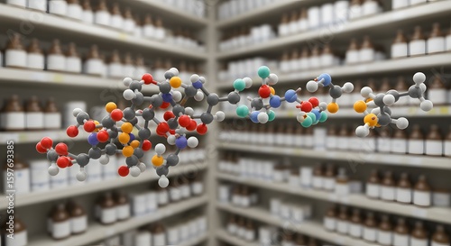 Molecular Structure Model with Pharmacy Shelves Background