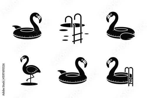 Flamingo floats and pool ladder icons inflatable water