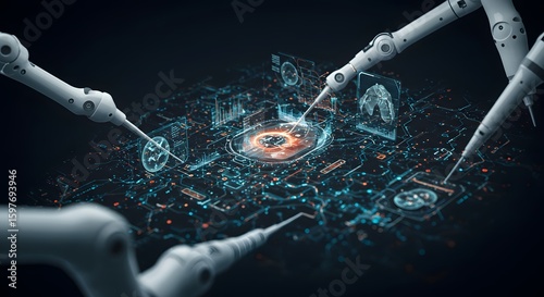 Surgical Robotics and AI in Healthcare: Robotic Arms Performing Precision Surgery on a Futuristic Digital Interface