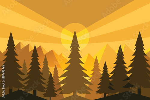 Golden Hour Forest Landscape with Sun Rays Over Majestic Mountains Vector Illustration.