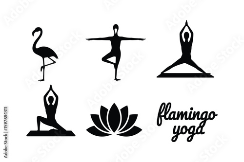 Flamingo Yoga Poses And Lotus Flower Silhouette vector