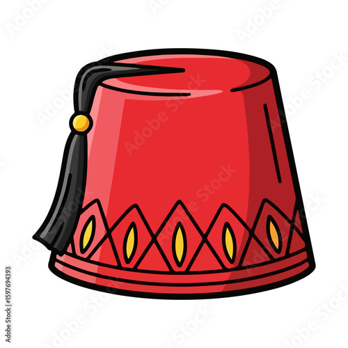 Fez hat vector, colored cartoon with line art and white background. AI generated image.