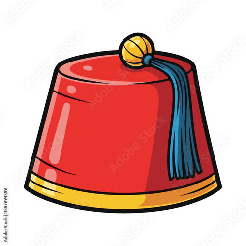 Fez hat vector, colored cartoon with line art and white background. AI generated image.