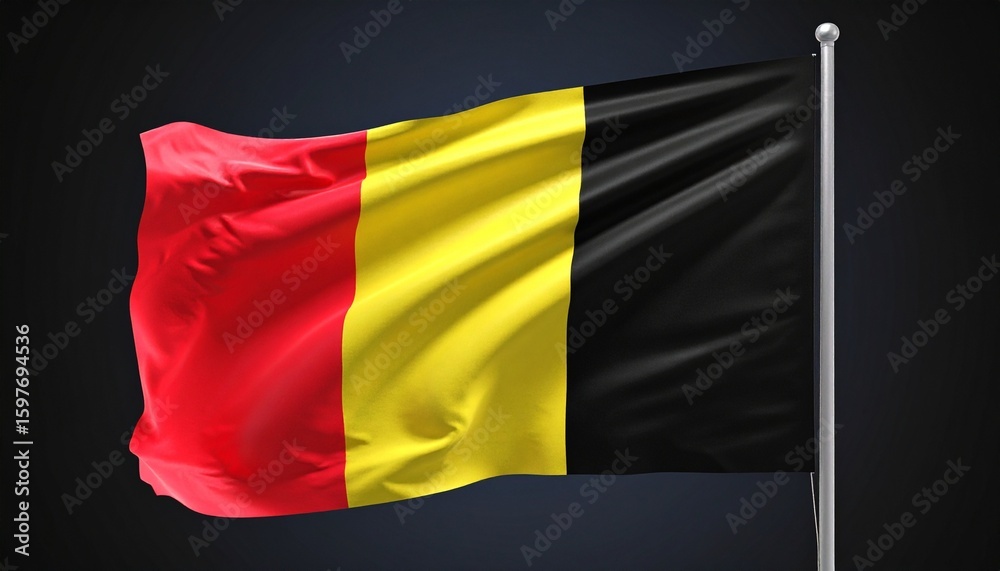 Obraz premium Belgian flag with vertical stripes of black, yellow, and red, flying on flagpole against dark background.