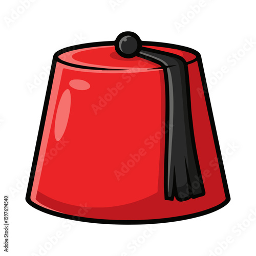 Fez hat vector, colored cartoon with line art and white background. AI generated image.