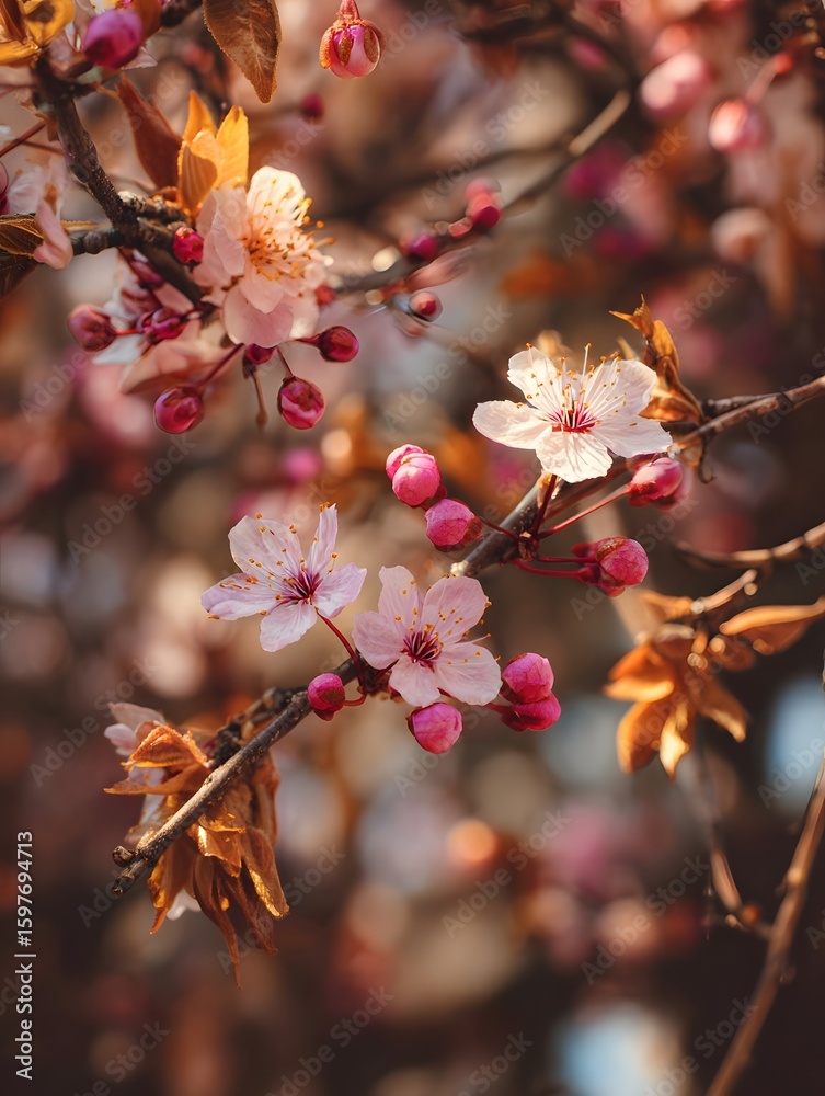 Fototapeta premium Delicate cherry blossoms bloom on branches, surrounded by vibrant spring foliage in a serene garden