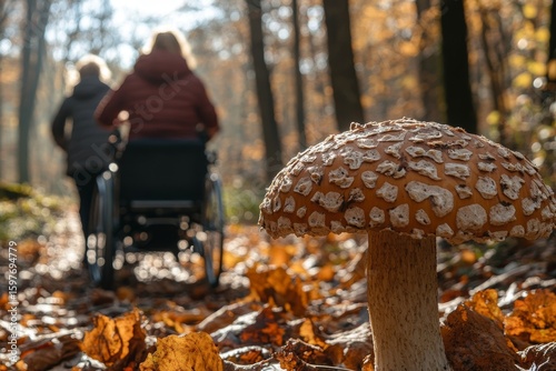 Female caregiver pushing an elderly woman in a wheelchair through a public park, offering companionship and support while enjoying a warm, sunny day outdoors, Generative AI