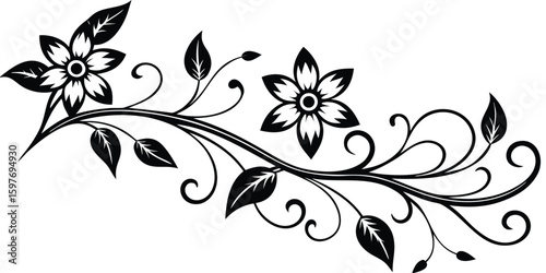 Elegant floral vine with swirling tendrils and blooming flowers silhouette
