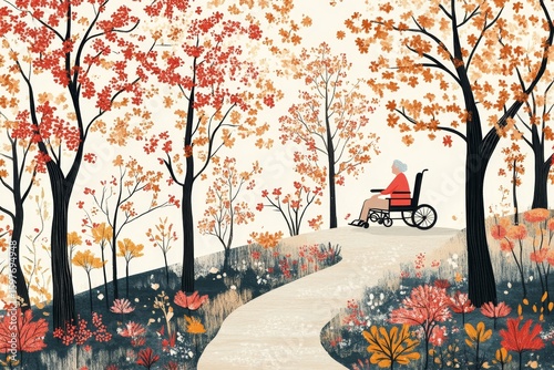 Female caregiver pushing an elderly woman in a wheelchair through a public park, offering companionship and support while enjoying a warm, sunny day outdoors, Generative AI