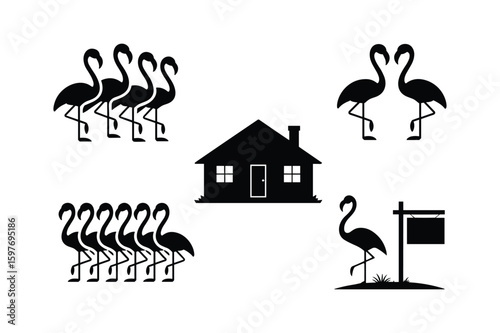Flock of flamingos near house and real estate sign home