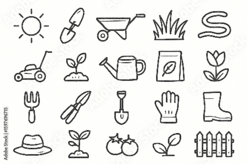 Garden tools and plants line art shovel