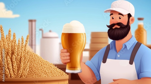 Brewmaster showcasing a freshly poured beer in a vibrant brewery setting with grain and fermentation equipment