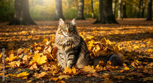 Majestic Norwegian Forest Cat in Autumn Leaves – Sunlit Forest Clearing with Golden Foliage and Earthy Tones
