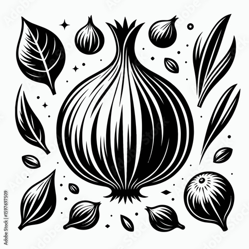 Shallot. Cartoon Minimal Logo Clipart Silhouette Vector Line Art Illustration. Tiny onion a cooking component for great flavor use raw or prepare meal.