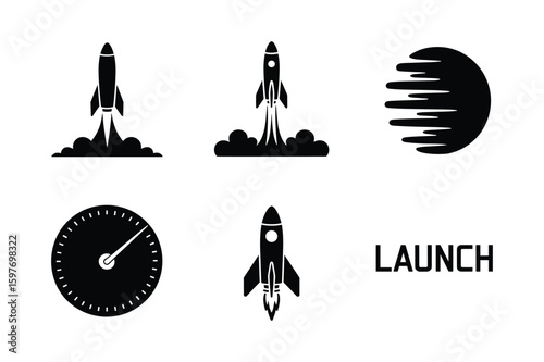 Rocket launch sequence with speed indicator and abstract sphere space gauge