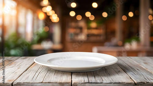Empty white plate resting on a rustic wooden table with a blurred restaurant background
