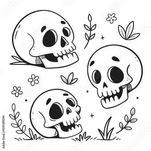 Funny cartoon bug vector illustration, a cute black and white animal drawing with a playful skull design, perfect as a Halloween icon or a whimsical art symbol
