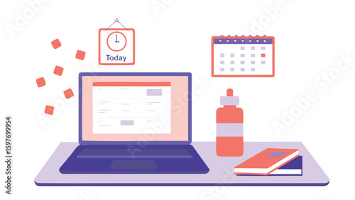 Laptop on desk with calendar, clock, water bottle, book and floating squares in background scene view