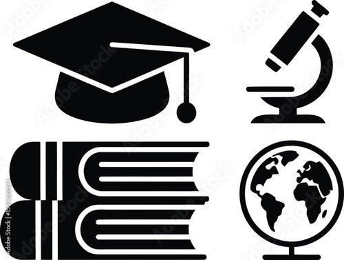 Black and white education themed icons including books and graduation cap