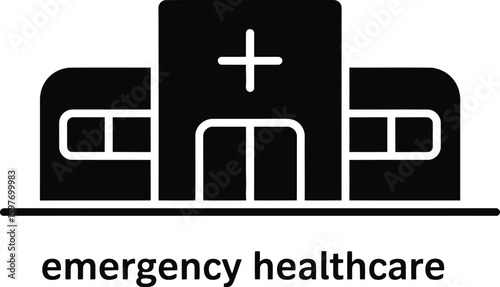 A simple black and white icon of a hospital building with a cross symbol
