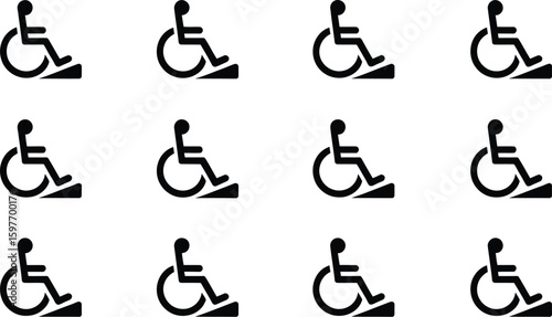 A pattern of black wheelchair accessibility symbols on a gray background