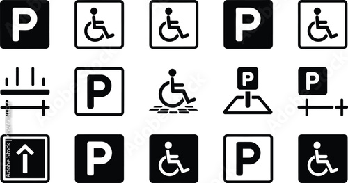 Assortment of black and white parking and accessibility related vector icons