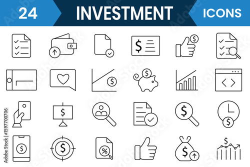 Investment icon vector set. Business, Financial investment icon. Set of mutual fund, asset, economy, financial gain, interest, money, banking, profit, business, stock and more. Vector illustration.