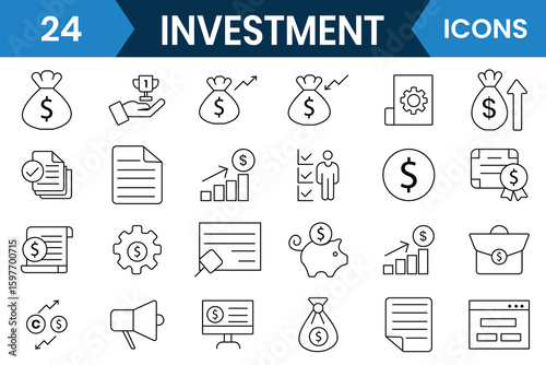 Investment icon vector set. Business, Financial investment icon. Set of mutual fund, asset, economy, financial gain, interest, money, banking, profit, business, stock and more. Vector illustration.