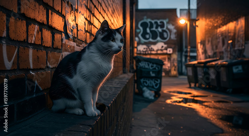 Stray Cat on Weathered Brick Wall – Moody Urban Alley Scene at Dusk with Cinematic Lighting and Gritty Textures