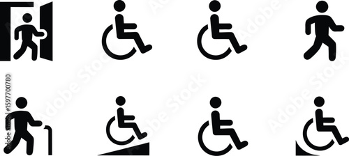 A collection of black and white accessibility and mobility related icons