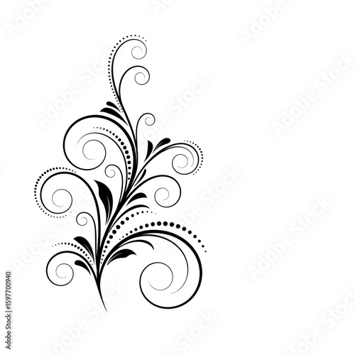 A black and white floral design with swirls and dots on a white background