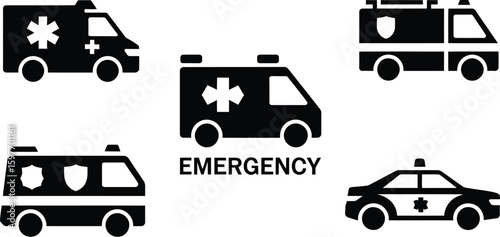 Various emergency vehicles including ambulances and a police car icons set