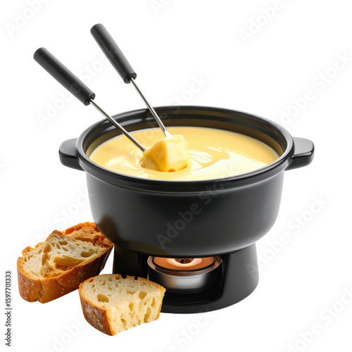 A black fondue pot with melting cheese served with crusty bread isolated on transparent background. PNG die-cut for advertising