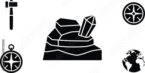 Illustration of geology tools including hammer crystal compass and globe