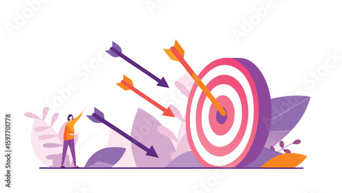 Person aiming at a target with arrows hitting and missing the center in a stylized illustration