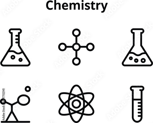 A set of chemistry icons showing flasks molecules and atoms on a light background