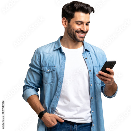 Smiling Man Looking at Phone in One Hand, Side Angle View, Transparent Background 