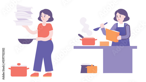 Two scenes of a woman cooking with pots, pans, and a recipe book in a flat vector illustration