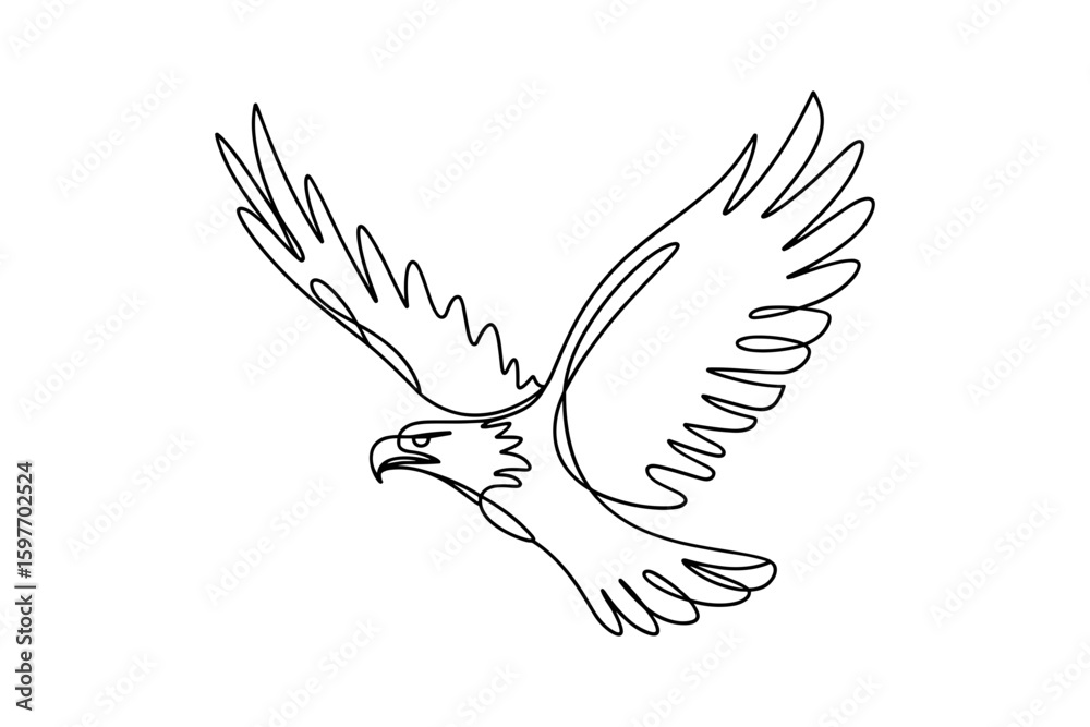 Obraz premium Flying eagle in sharp wing spread pose, aggressive bird in line drawing vector illustration