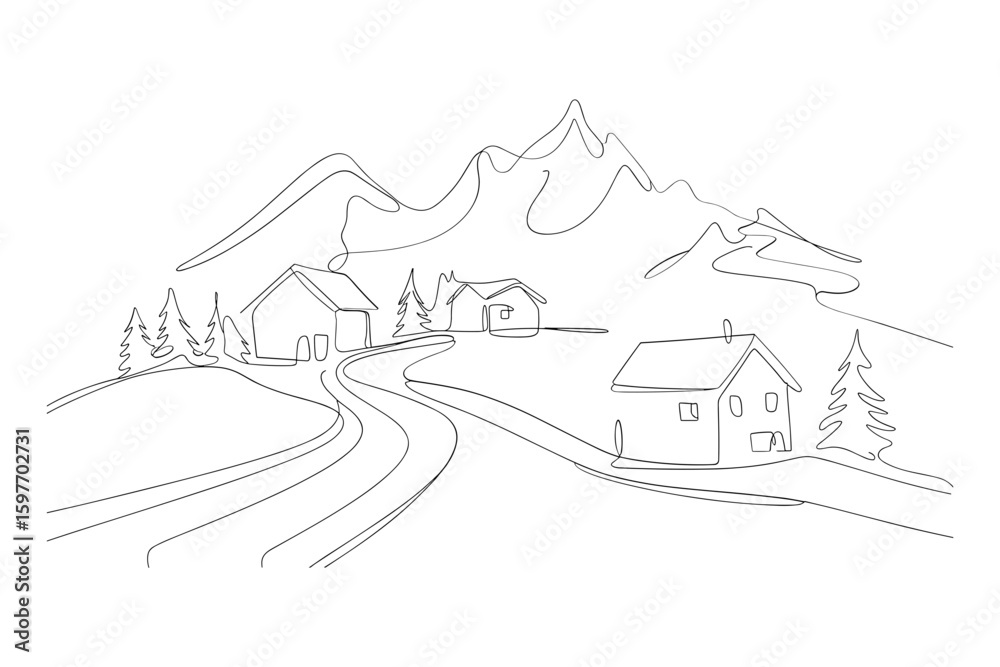 Fototapeta premium Mountain village landscape in clean line drawing scenic view vector illustration