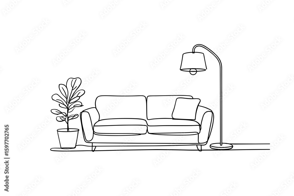 Modern sofa interior with potted plant and floor lamp, minimalist room vector illustration Modern sofa interior with potted plant and floor lamp, minimalist room vector illustration