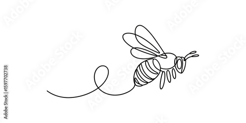Flying bee line art vector illustration.
