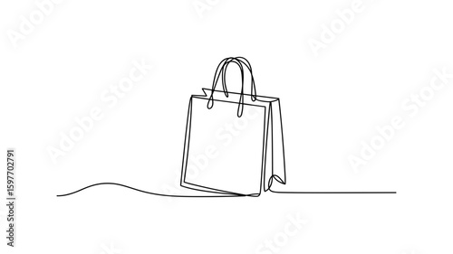 Paper shopping bag in continuous line art, retail store packaging vector illustration
