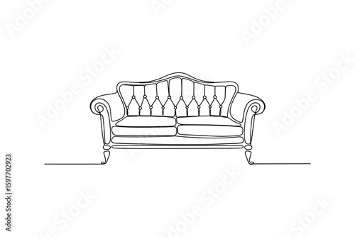 Vintage sofa with cushions in single line art, home furniture sketch vector illustration