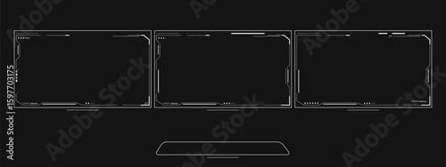 3D VR UI overlay. Three monitors overlay, with keyboard. Sci-fi, cybernetic futuristic UI overlay for 16:9 monitor panels. Multimedia high-tech HUD template.