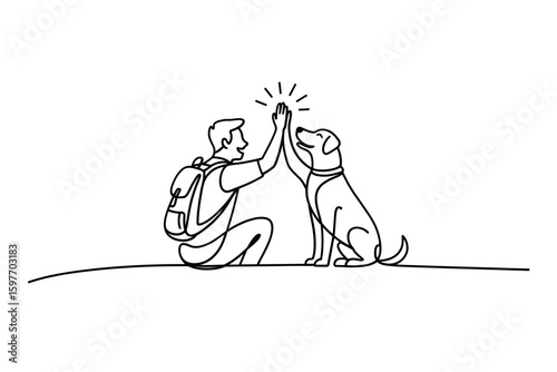 Man high fiving dog, friendship and pet bonding scene outline vector illustration isolated on a white background