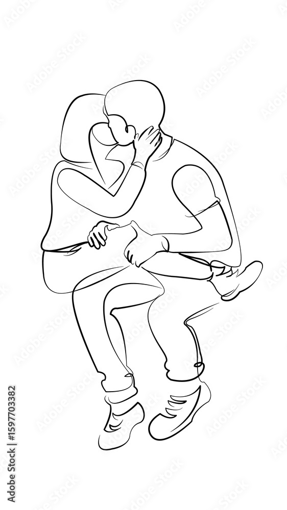 Fototapeta premium One continuous line drawing on white isolated background. Minimalism linear illustration. two people, embracing, love, couple, lifestyle, love - emotion, white people, kiss, young adult, happy