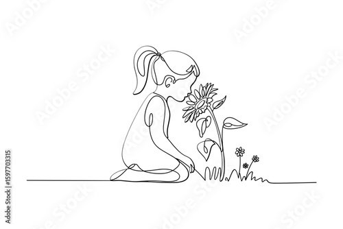 Little girl smelling flower in garden continuous line art drawing vector illustration
