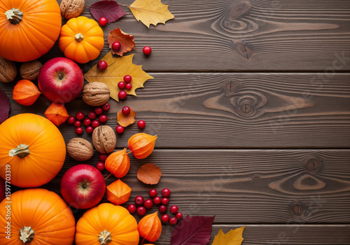 Pumpkins apples nuts leaves berries and cape gooseberries arranged on a wood surface